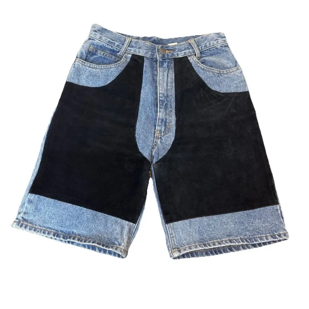 Vintage 90s Servuchi Paris Denim Shorts Black Suede Panel Baggy Size 9/10